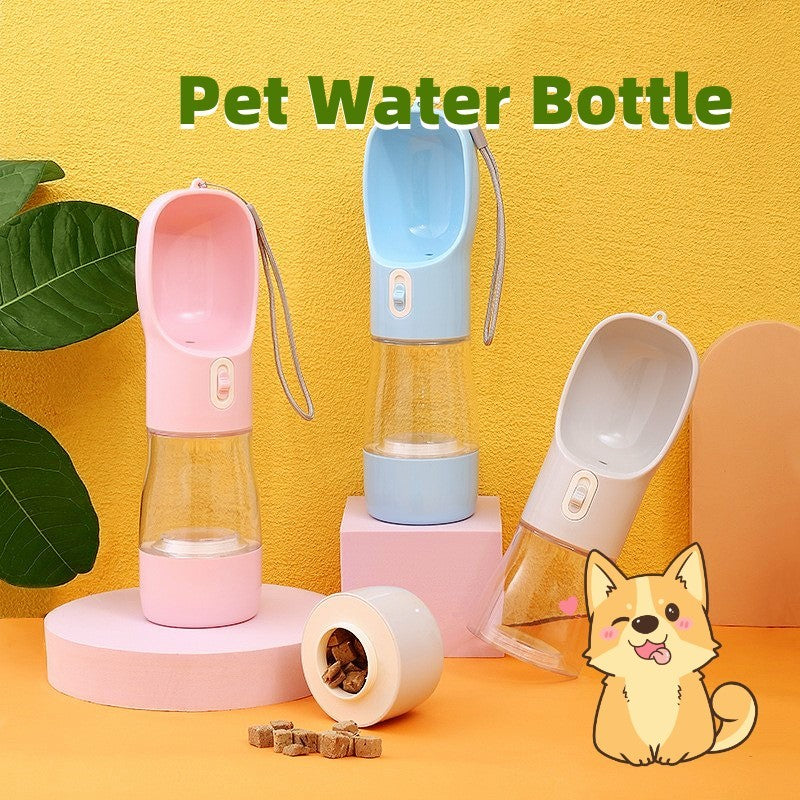 Pet water bottles in pink, blue, and white on a yellow background with a cartoon dog illustration.