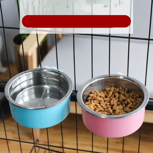 Two metal bowls, one blue and one pink, with food inside on a wire cage background.
