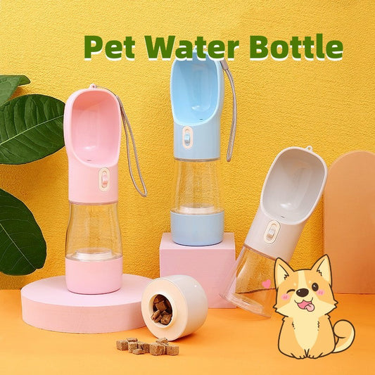 Pet water bottles in pink, blue, and white on a yellow background with a cartoon dog illustration.