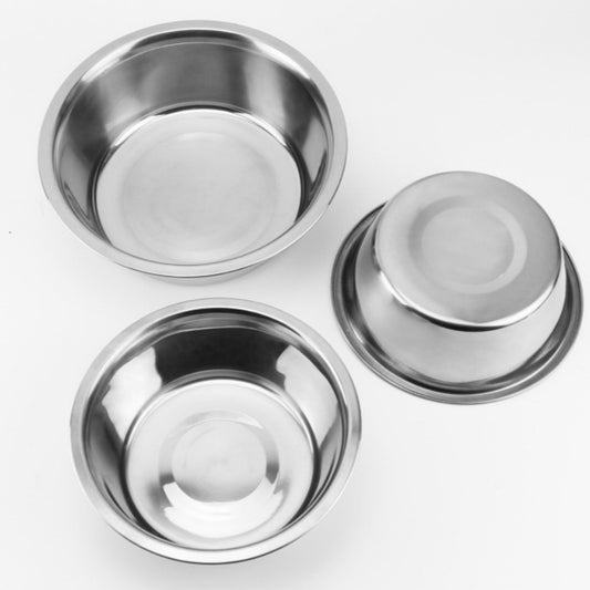 Three stainless steel bowls on a white background.